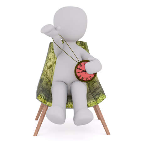 Seated 3D figure makes extends one arm upwards and holds clock with pink faceの写真素材