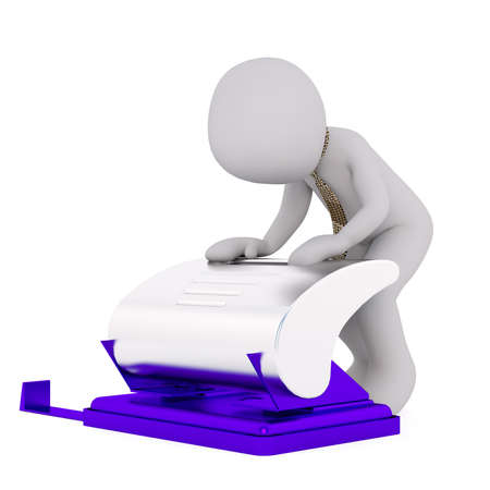 Faceless 3D man in necktie pushing on huge hole puncher, standing isolated on white backgroundの写真素材