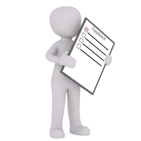 Figure of faceless 3D man holding blank Feedback form in his hands, standing isolated on white backgroundの写真素材