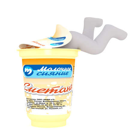 3D rendering of enormous container of yogurt with cartoon man halfway outの写真素材