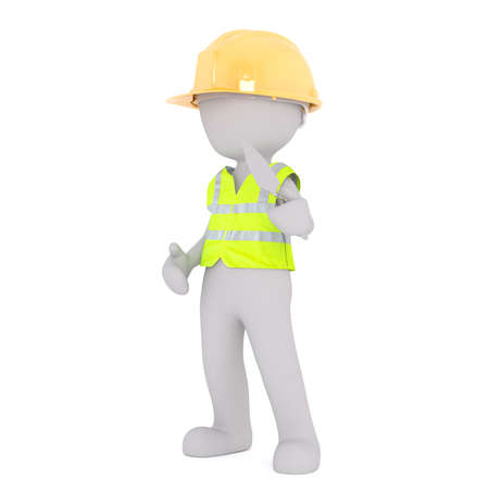 Generic Gray 3d Cartoon Figure Wearing Yellow Hard Hat and Reflective Safety Vest Standing in front of White Background Holding Trowel on Construction Siteの写真素材