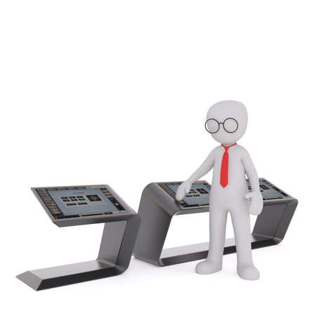 Lone 3D illustrated figure wearing red tie and round glasses stands beside computer consoleの写真素材