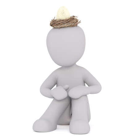 Faceless grey 3D man sitting on the ground with bird nest with egg on top of his head, isolated on whiteの写真素材