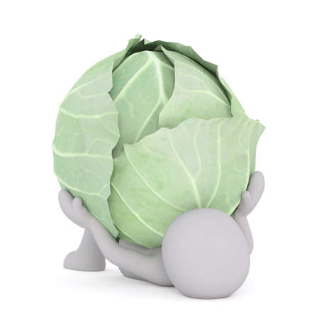 Figure of faceless 3D man laying on back pinned down by huge head of cabbage, render isolated on white backgroundの写真素材
