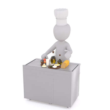 3D man faceless character of chef standing at kitchen table with ingredients for cooking, isolated on white backgroundの写真素材
