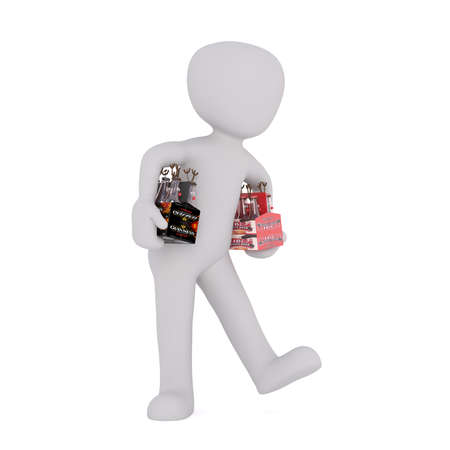 Full body 3d toon mechanic carrying two toolboxes underarms, white backgroundの写真素材