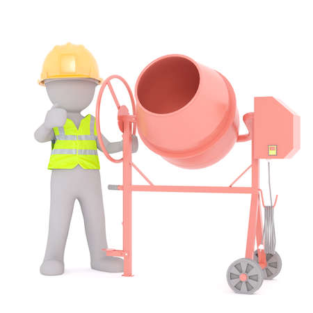 Generic Gray 3d Cartoon Figure Wearing Yellow Hard Hat and Reflective Safety Vest and Standing Beside Cement Mixer on Construction Site in front of White Backgroundの写真素材