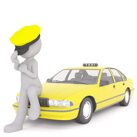 Figure of 3D man sitting on the hood of yellow taxi cab wearing peaked cap, waiting for clients. Render isolated on white backgroundの写真素材
