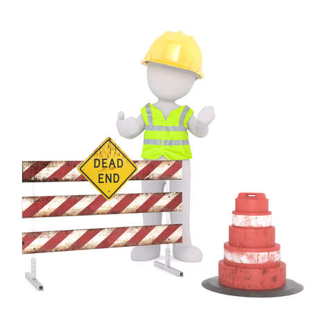 Generic Gray 3d Cartoon Figure Wearing Yellow Hard Hat and Reflective Safety Vest Standing at Dead End Road Block in front of White Backgroundの写真素材