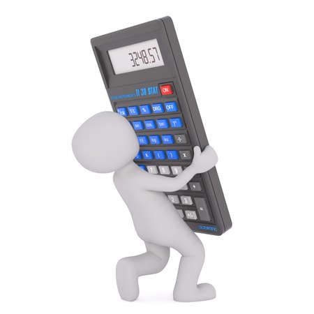 Figure of faceless little 3D man carrying huge calculator, isolated on white backgroundの写真素材