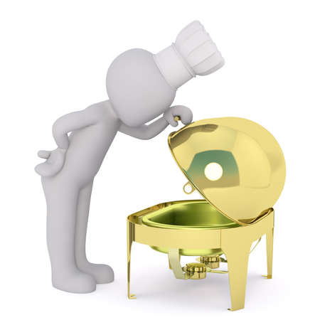 Figure of faceless 3D man chef looking inside ajar grill, standing isolated on white backgroundの写真素材