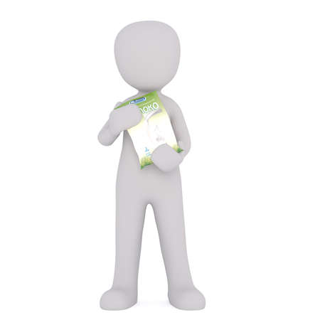 Standing 3D illustrated man holds food package in both hands against a white backgroundの写真素材
