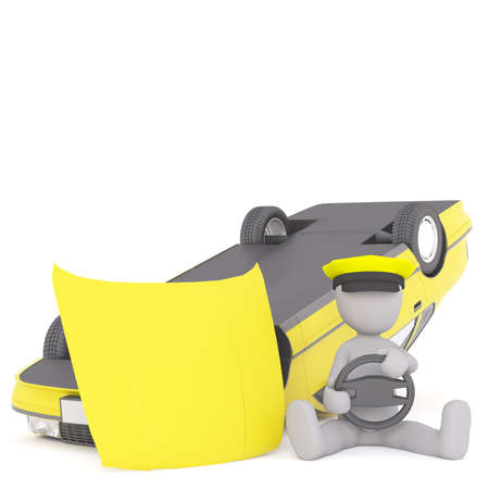 Figure of faceless 3D man taxi driver sitting on the ground with steering wheel in hands next to overthrown broken yellow taxi cab, render isolated on whiteの写真素材