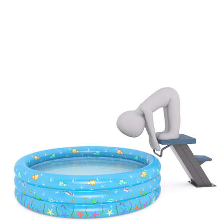 Generic Gray 3d Cartoon Figure in Starting Stance on Diving Board Above Shallow Swimming Pool in front of White Backgroundの写真素材
