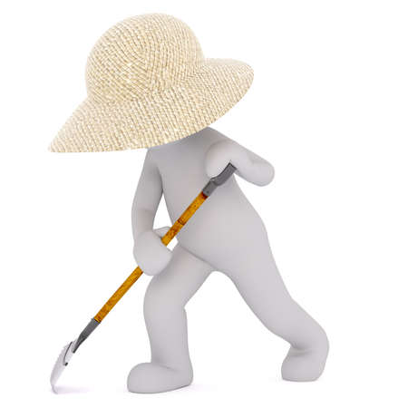 Cartoon 3D man character of gardener working in straw hat raking leafs, standing isolated on white backgroundの写真素材