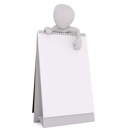 Faceless 3D man hanging over standing notebook with blank sheet of paper copy space, isolated on white backgroundの写真素材