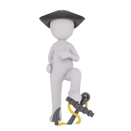 Generic Gray 3d Cartoon Figure Wearing Pirate Hat and Standing with Foot Up on Anchor with Rope in front of White Backgroundの写真素材