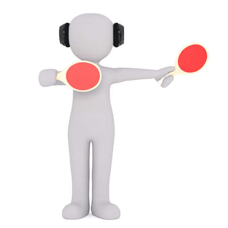 3d toon air traffic controller in ear defenders waving red paddles, white backgroundの写真素材