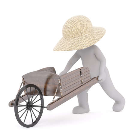 Figure of 3D man farmer or peasant in straw hat pushing antique wooden wheelbarrow, isolated on white backgroundの写真素材