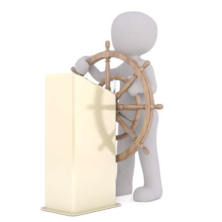 Generic Gray 3d Cartoon Figure Standing Behind Large Ship Steering Wheel Column in front of White Backgroundの写真素材