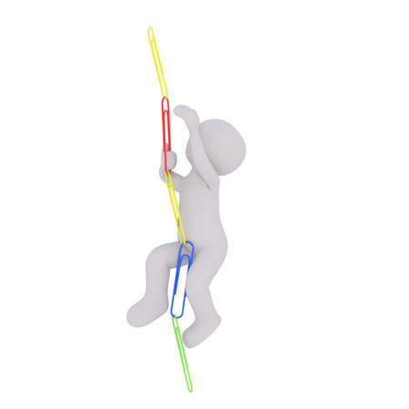 Faceless 3D man climbing up the chain made of colored paper clips, render isolated on white backgroundの写真素材