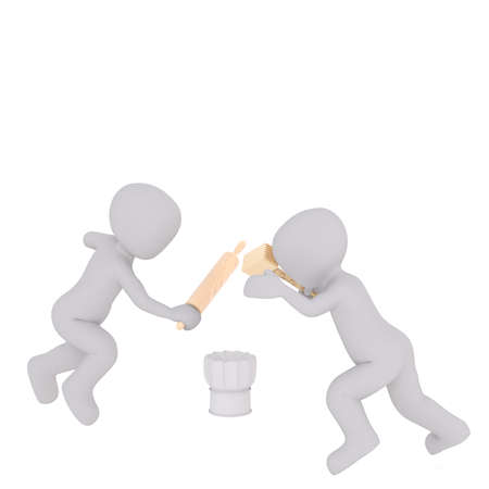 Faceless cartoon 3D men fighting on kitchen tools, with chefs hat on ground between them, isolated on white backgroundの写真素材