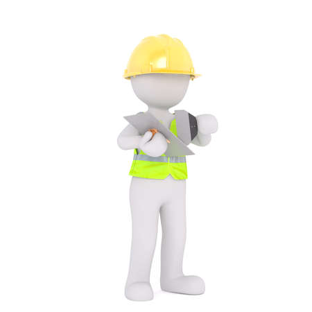Generic Gray 3d Cartoon Figure Wearing Yellow Hard Hat and Reflective Safety Vest Holding Trowel Scraper and Cement Plaster Tools in front of White Backgroundの写真素材