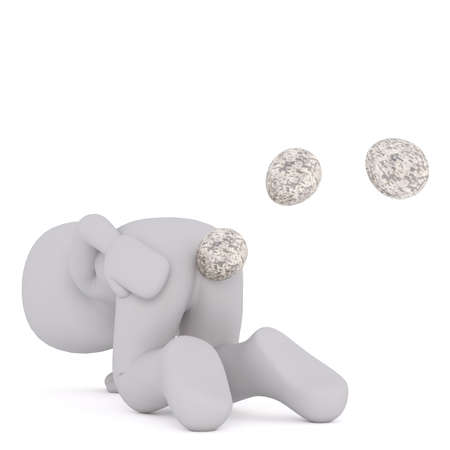 Back view figure of grey 3D man standing on all fours with eggs flying off his butt, isolated on whiteの写真素材
