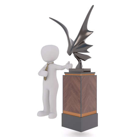 Full body 3d toon in tie next to winged sculpture on podium, white backgroundの写真素材