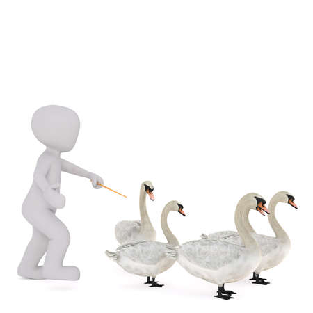 Little faceless 3D man pointing twig or magic wand at flock of swans, render isolated on white backgroundの写真素材