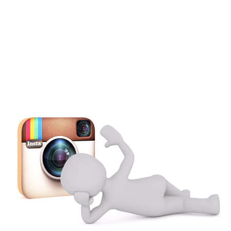 Generic Gray 3d Cartoon Figure Lying in Reclining Pose in front of Instagram Camera Icon and Waving...