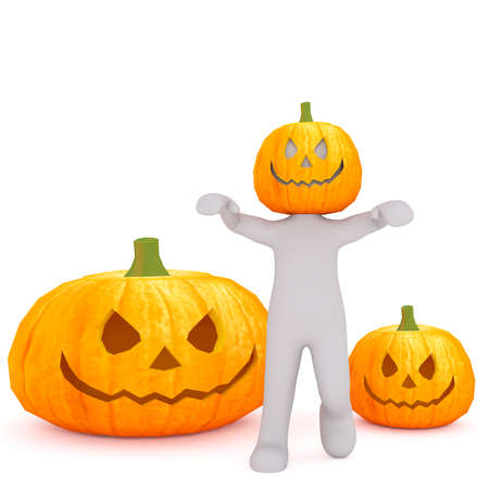 3D man character walking with halloween jack o lantern pumpkin over his head and outstretched hands, render isolated on whiteの写真素材