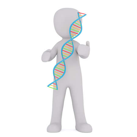 Full body 3d toon figure sstood with strand of DNA, white background