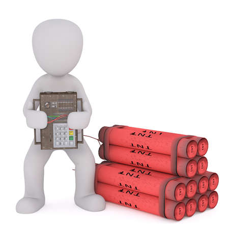 Cartoon man holds circuit board remote detonator wired to bundle of TNTの写真素材