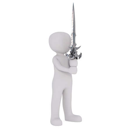 Faceless 3D man cartoon character standing isolated on white background holding fantasy sword with both hands in frontの写真素材