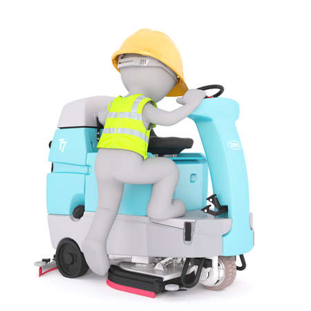 Figure of grey 3D man climbing blue drivable floor scrubber, render isolated on white backgroundの写真素材