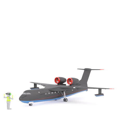 3d Rendering of Cartoon Character Wearing Reflective Safety Vest and Holding Batons While Directing Airplane on Runway or Tarmac at Imaginary Airport in front of White Backgroundの写真素材