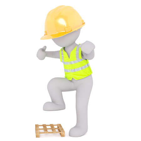 Faceless 3D man construction worker in hard hat breaking little wooden tray with his foot, standing isolated on white backgroundの写真素材