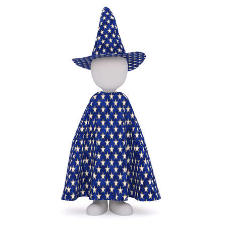 3d Rendering of Cartoon Character Wearing Star Patterned Cape and Wizard Hat in front of White Backgroundの写真素材