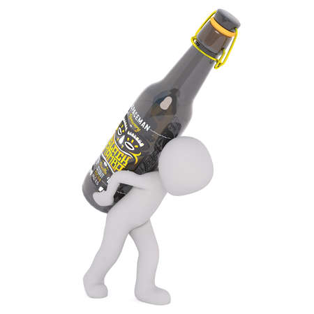 Little faceless 3D man carrying huge bottle of beer behind his back, render isolated on white backgroundの写真素材