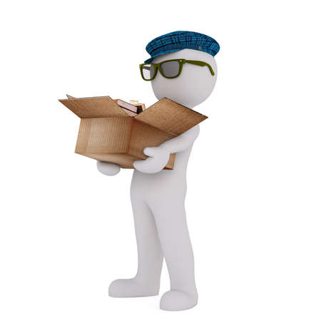 3d Rendering of Cartoon Character Wearing Plaid Cap and Eyeglasses and Holding Heavy Boxes of Books While Standing in front of White Backgroundの写真素材