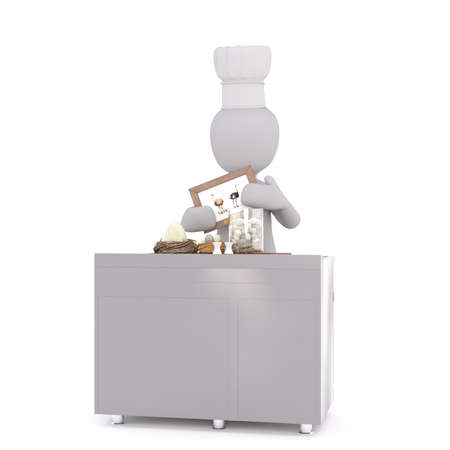 Figure of faceless 3D man chef character standing in cook toque at kitchen table with eggs in nests and picture of ostriches in frame, isolated on white backgroundの写真素材