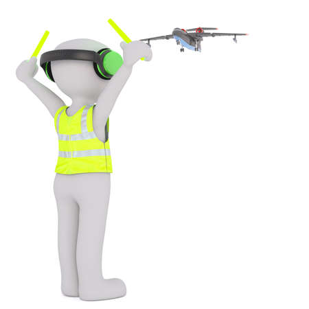 3d Rendered Cartoon Character Wearing Reflective Safety Vest and Protective Earphones Signalling Approaching Aircraft for Landing in front of White Backgroundの写真素材