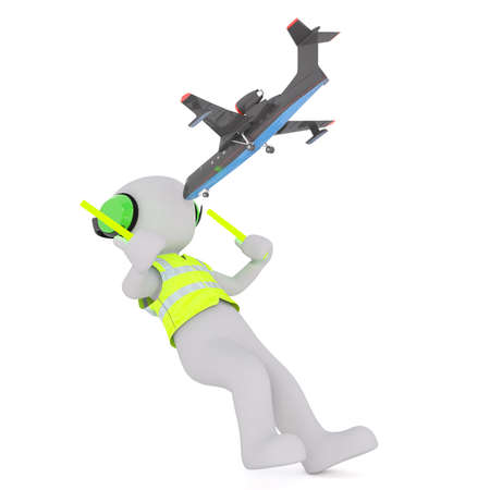 Figure of little airplane falling Onto faceless 3D one airport worker marshaller, knocking him down.の写真素材
