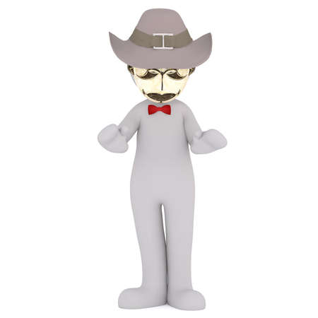 Figure of grey 3D man wearing hat and golden mask, with bow tie, standing with hands stretched forward, isolated on white backgroundのeditorial素材