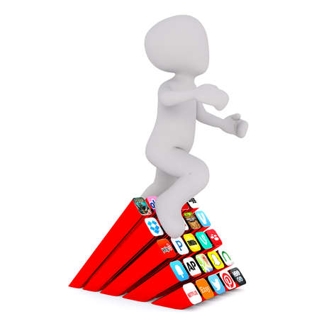 Faceless grey 3D man getting over concept figure pile of mobile apps icons, render isolated on white backgroundのeditorial素材