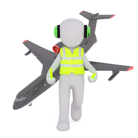 3d Rendering of Cartoon Character Wearing Reflective Safety Vest, Earphones and Holding Batons While Walking Toward Camera with Airplane Behind in front of White Backgroundの写真素材