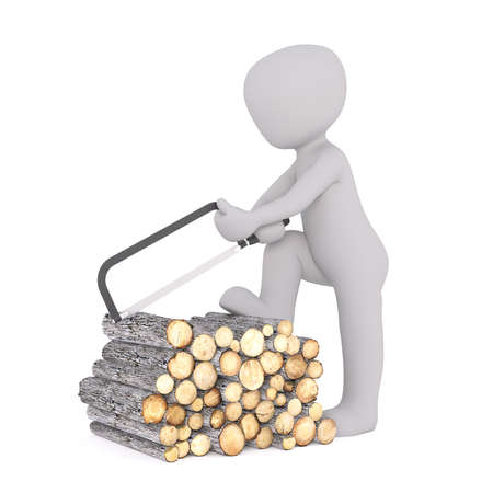 Generic 3d Rendered Cartoon Character Holding Hack Saw and Cutting Logs in Pile of Fire Wood in front of White Backgroundの写真素材