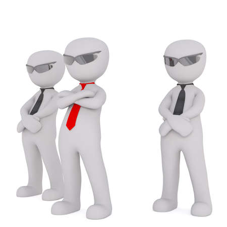 Security 3D men bodyguards squad standing arms crossed in neckties and sunglasses, isolated on white...