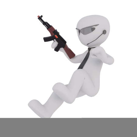 Figure of grey 3D man cartoon character of security guard in sunglasses and microphone holding ak machine gun, jumping isolated on white backgroundの写真素材